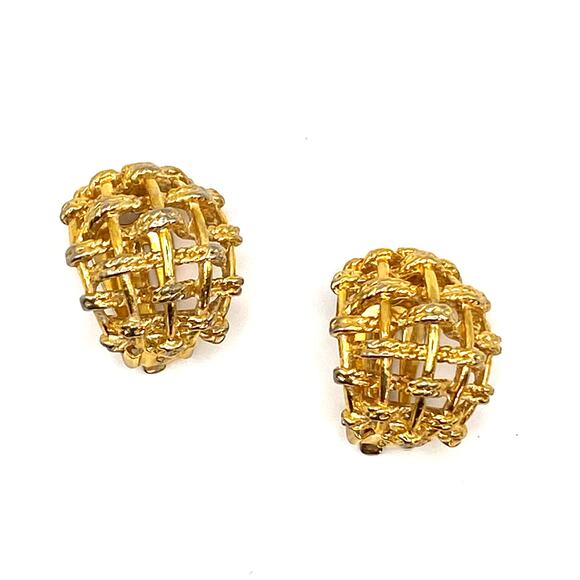 Signed M&S Open Basketweave Half Hoop Earrings Clip On Gold Tone - Picture 3 of 5